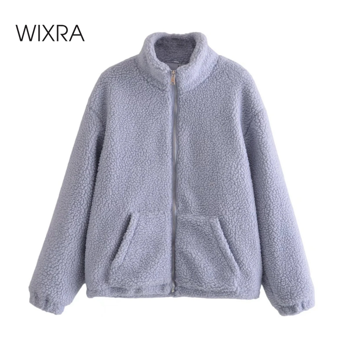 Wixra Женские повседневные меховые куртки на молнии с карманами из синей овечьей