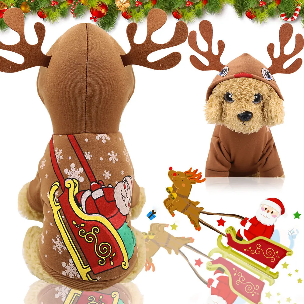 

Christmas Dog Hoodies Clothes Elk Dress Up Santa Claus Brown Winter Hooded Sweater Small chihuahua French Bulldog Pug Clothing