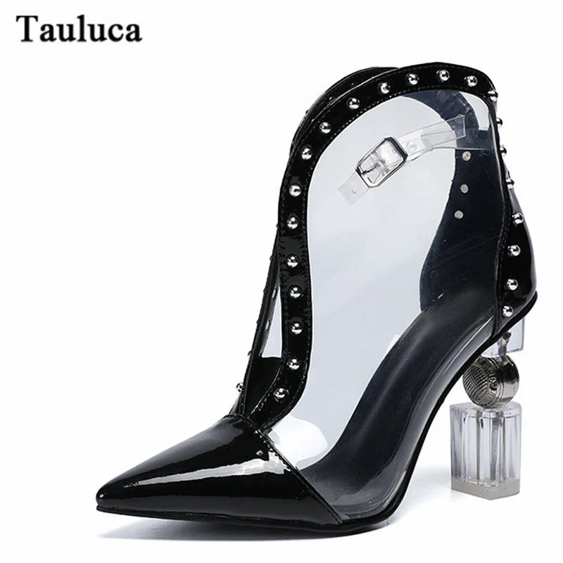 Women Patent Leather PVC Rivet Ankle Boots Buckle Strange Heels Sandal Fashion Female Transparent Pointed Toe Sandals Black 10cm