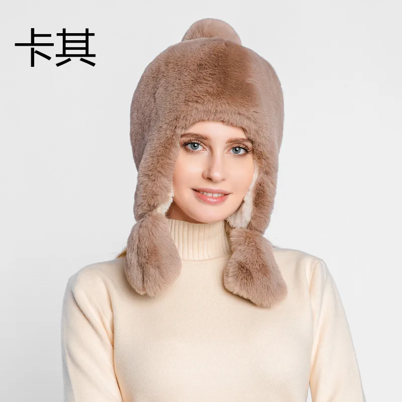 Теплые утолщенные наушники из искусственного меха, модные зимние женские однотонные шапки-бомберы в русском стиле - Цвет: Бежевый