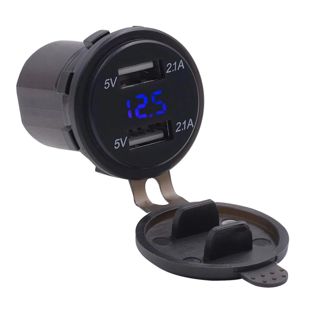 4.2A Dual USB Car Charger with Blue LED Digital Voltmeter for RV, Camper, Marine, Boat, Motorcycle, Truck, Golf Cart and More