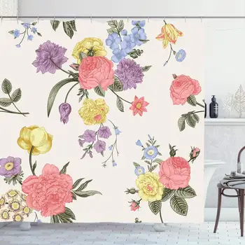 

Shower Curtain Set with Hooks 72x72 Sketch Petal Plant Blue Floral Flower Bouquet Roses Tulip Botanical Dogrose Anemone Vintage