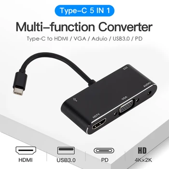 

PC USB 3.1 Type-C HUB PD 5 in 1 Converter Set Household HDMI VGA 3.5mm USB3.0 Computer Safety Parts for Notebook