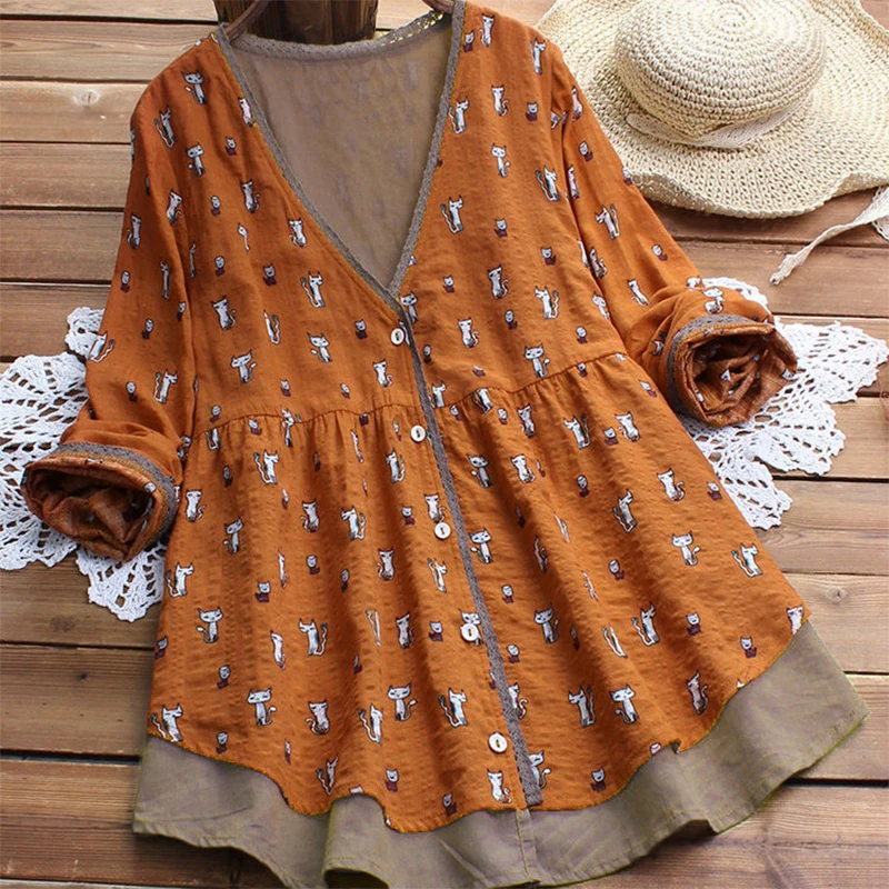 

V Neck Women Spring Fake Two Pieces Shirt Top Funny Cute Cartoon Print Long Sleeve Orange Shirt Womens Tops and Blouses 5XL
