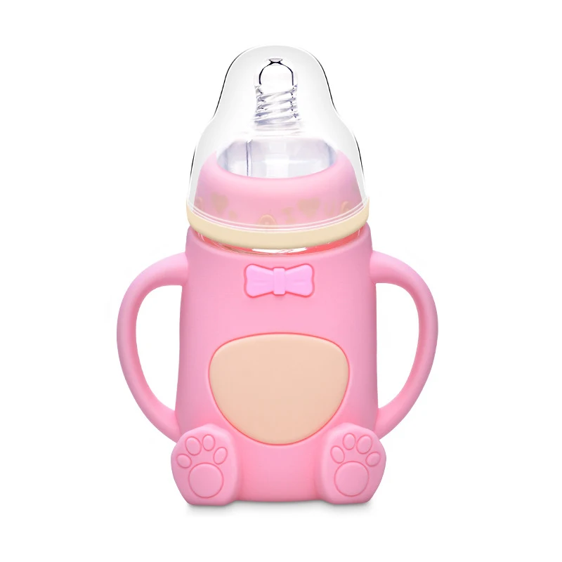Pink 240 мл детская силиконовая бутылочка для кормления молока Mamadeira Vidro безопасный, не содержит БФА бутылочка для кормления младенцев соком и водой стеклянная бутылочка для кормления - Цвет: Pink