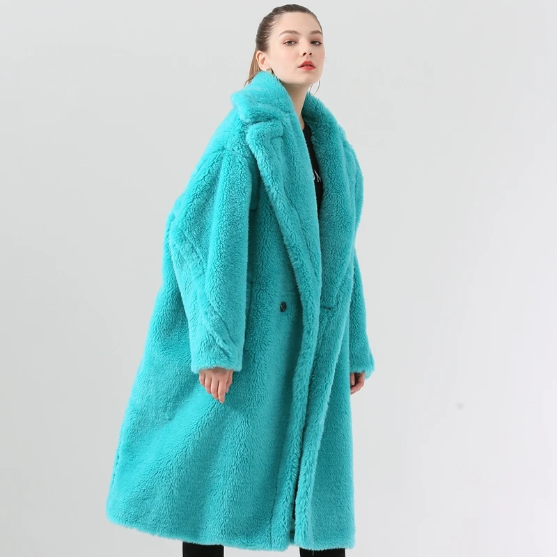 light blue QIUCHEN PJ1848 Новое поступление пальто из натурального овечьего меха длинный стиль более Размер Модная женская куртка - Цвет: light blue