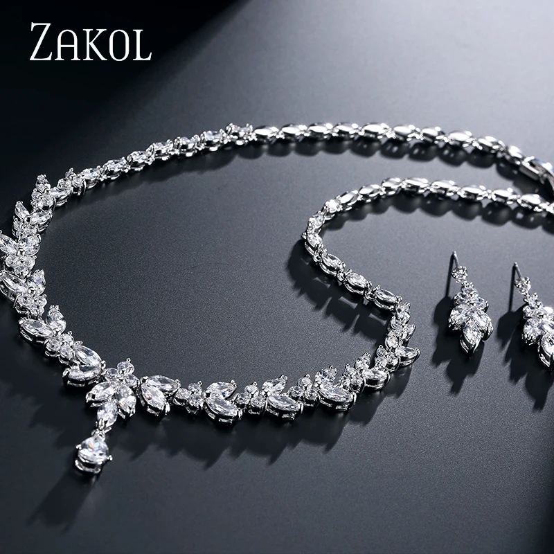 ZAKOL простой модный белый цвет AAA+ CZ циркония лист серьги ожерелье набор для женщин Свадебные Ювелирные наборы FSSP180