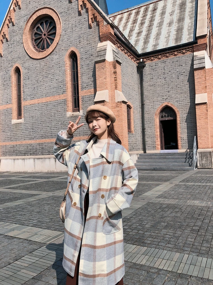 New Autumn Winter Women Long Wool Blends Jackets Women Fashion Plaid Office Ladies Jackets Trench Coats Outerwear WJ200