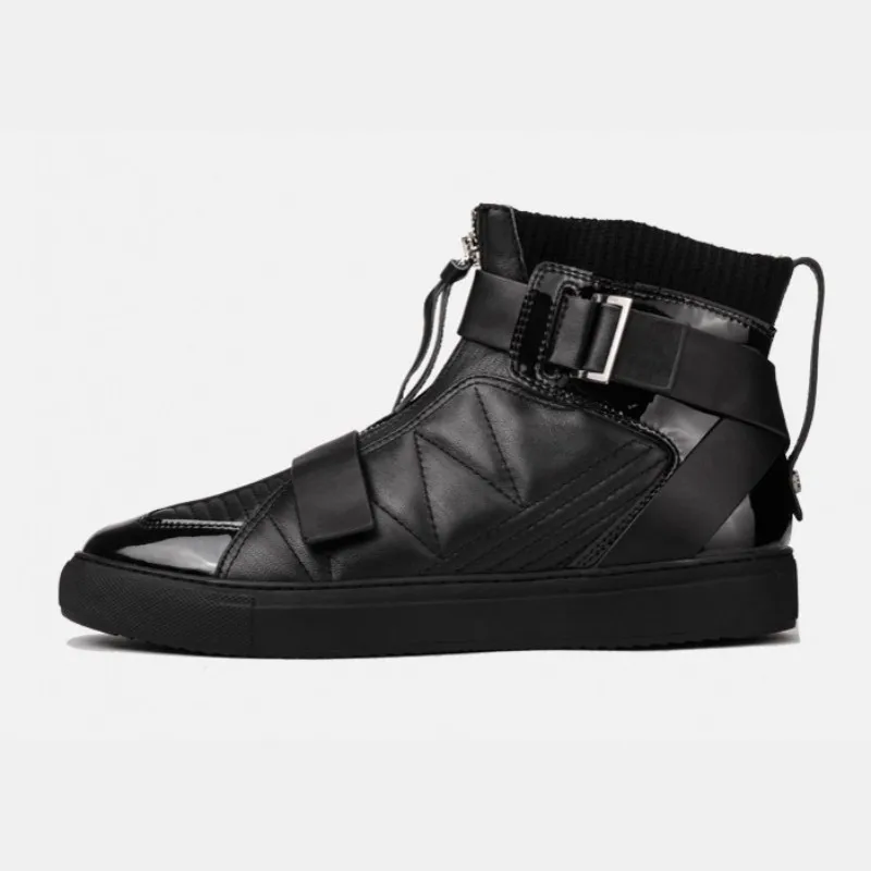 Mens Winter High Top Sneakers Sheepskin Cross Strap Genuine Leather Spliced Casual Footwear Flats Zipper Designer Trainer Shoes