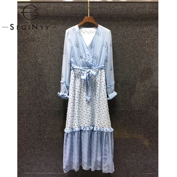 

SEQINYY Light Blue Dress 2020 Summer Spring New Fashion Design Women Caual Long Sleeve Ruffles Flowers Print Chiffon Midi Dress