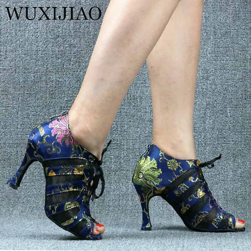WUXIJIAO Ladies black mesh suede fashion cross strap sexy high heel sandals comfortable latin dance shoes salsa shoes
