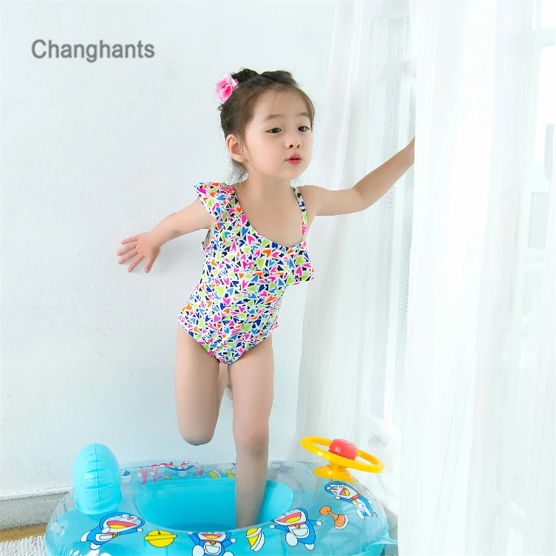 Цельный купальный костюм для девочек с рисунком сердец детская одежда купания