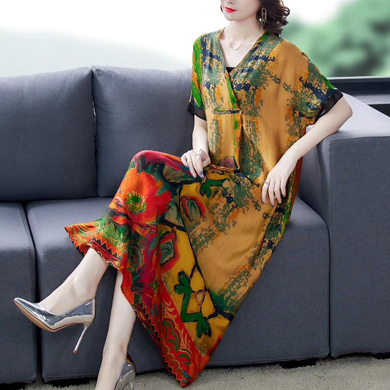 ZUOMAN Casual Floral Mulberry Silk Midi Dress Autumn Loose 4XL Plus Size...