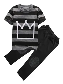 

2PCS Toddler Kids Baby Boys Cloth Tracksuit Outfit Short Sleeve Striped T-shirt Tops+Long Pants Clothes Sets 2-7T 2020 Costume