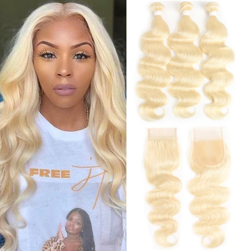 Human Hair Bundles With Closure 4x4 Brazilian Hair Lace Closure With Bundles Remy 613 Blonde Body Wave Hair Weave Bundle KEMY