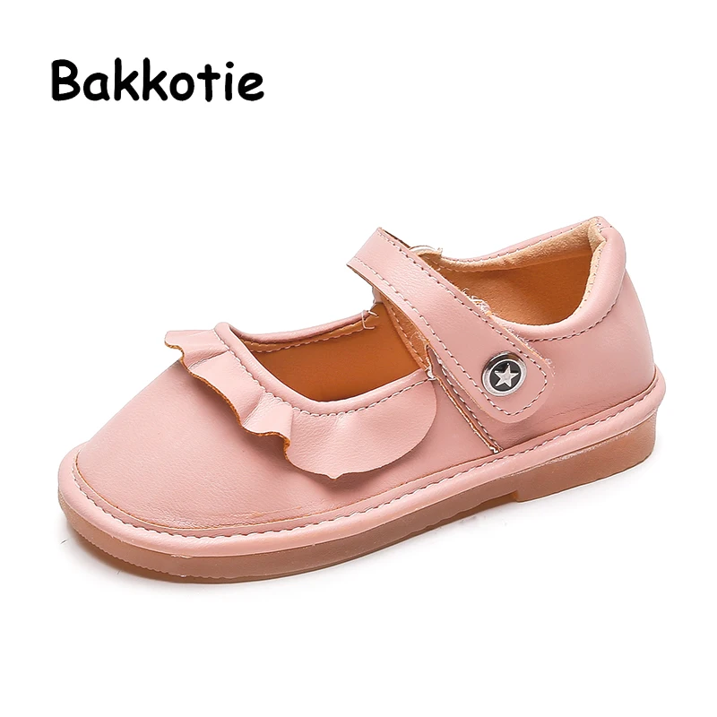 Bakkotie/ г.; Осенняя Розовая обувь для маленьких девочек с оборками; Туфли Mary Jane на плоской подошве; Новая модная детская кожаная обувь из искусственной кожи; черные мягкие модельные туфли