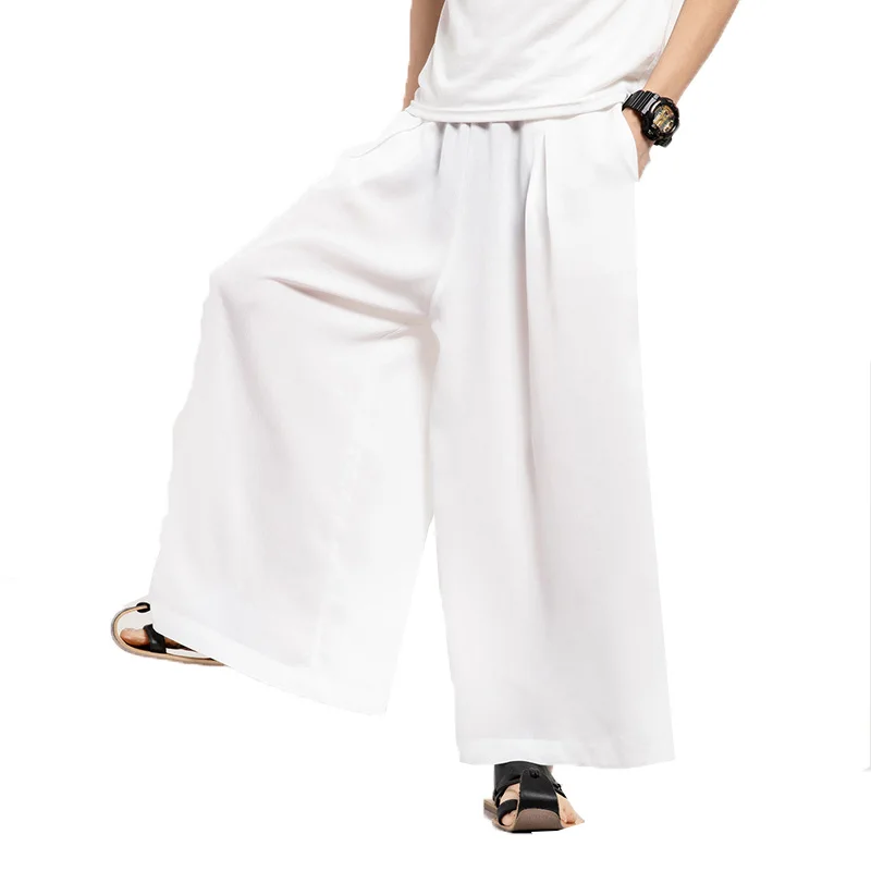 Men Linen Wide Leg Pants Mens Harajuku Streetwear Harem Pants Male Chinese Style HanFu Kongfu Trousers Ankle-Length