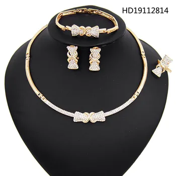 

Yulaili Cute Bowknot Crystal Women Clavicle Necklace Earrings Bracelet Ring Wedding Nigerian Bridal Jewelry Sets Free Shipping