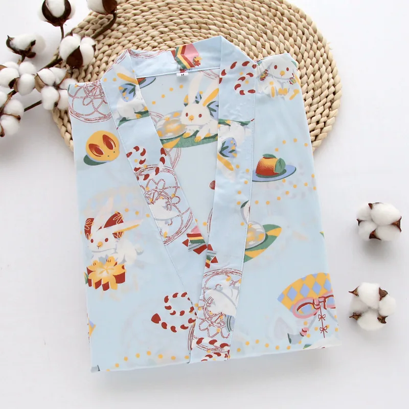 Стиль Bourette Bunny Домашняя одежда искусственный хлопок комплект кимоно с длинным рукавом брюки пижамы Свободная Повседневная Влагоотводящая ткань