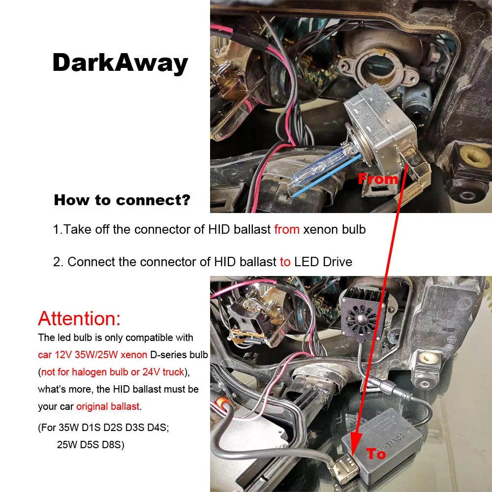 DarkAway D1S светодиодный D2R D3S D4S D5S D8S лампа прямого подключения к HID балласт Замена 12 в 35 Вт Оригинальная лампа Plug Play Canbus 6500K