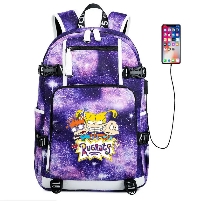 Rugrats в Париже школьная сумка usb зарядка Дорожная сумка из парусины Подростковая сумка через плечо мальчики девочки рюкзак сумка для ноутбука