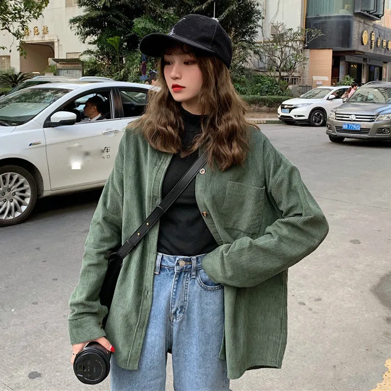 

turn-down collar long sleeve korean Women's Clothing Harajuku style 5 colors casual Spring autumn Corduroy Coats loose Jackets