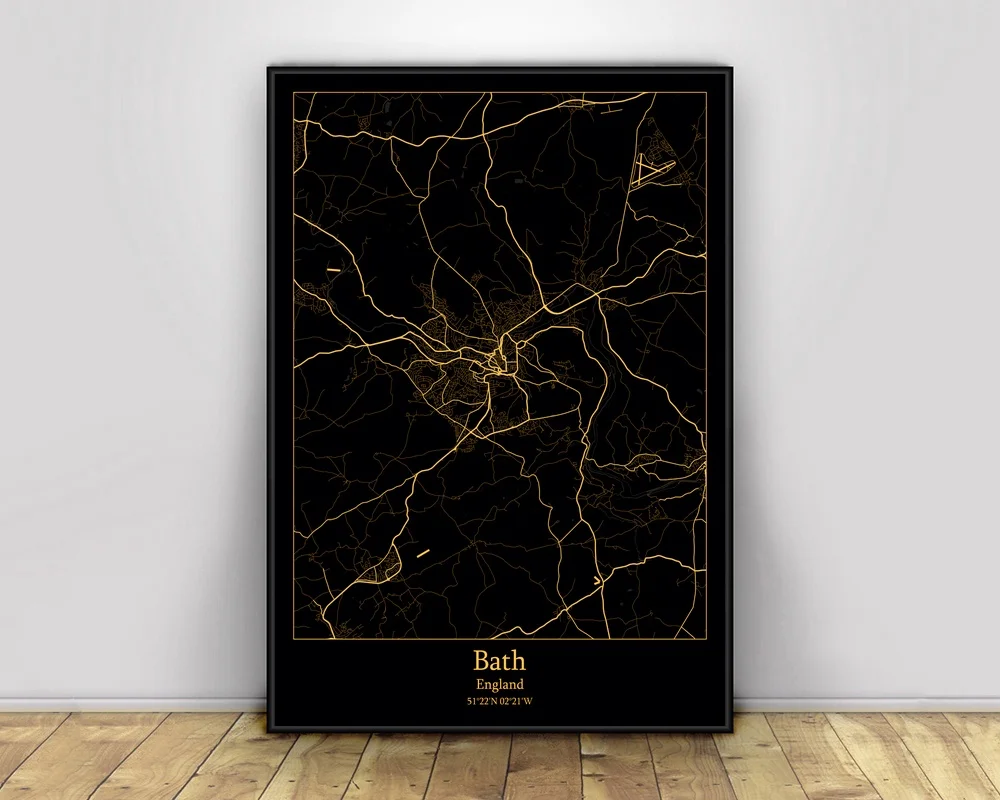 Bath England Black&ampGold City Light Maps Custom World Map Posters Canvas Prints Nordic Style Wall Art Home Decor | Дом и сад