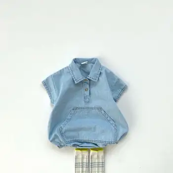 

2020 Baby Summer Clothing Toddler Newborn Baby Girl Boys Denim Bodysuit Short Sleeve Solid Playsuits Solid Jumpsuit Outfit