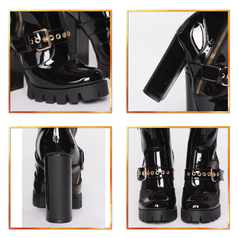 New Spring Autumn Women Shoes Black Block High Heels Boots PU Leather Zipper Buckle Platform Ankle Boots Chunky Heel 12 CM