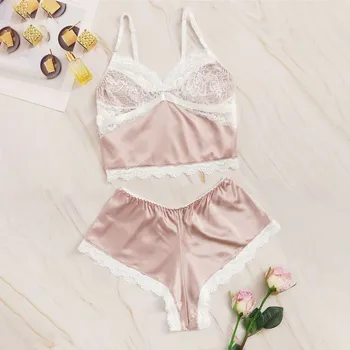 

Women Sexy Lingerie Set Female Satin Pajamas Lace Silk Underwear Ladies Sleepwear Shorts Coat bielizna damska komplety 2020
