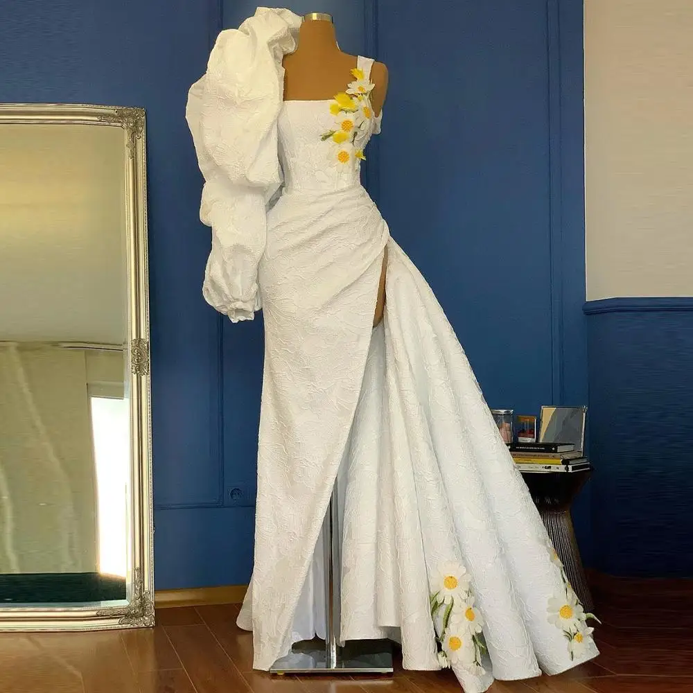 

Elegant White Lace Pageant Dresses One Shoulder Long Puffy Sleeve High Slit Evening Gowns Women Flower Appliques Prom Dress 2021