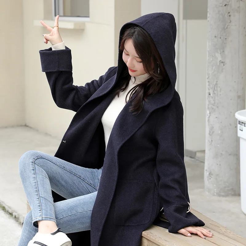 Dark Blue Новое двухстороннее кашемировое длинное шерстяное пальто с капюшоном, теплые толстые женские пальто, популярное осеннее пальто в Корейском стиле - Цвет: Dark Blue
