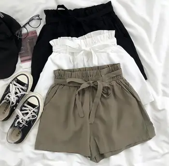 

Solid Color Pocket Elastic High Waist Bow Loose Casual Wide Leg Shorts