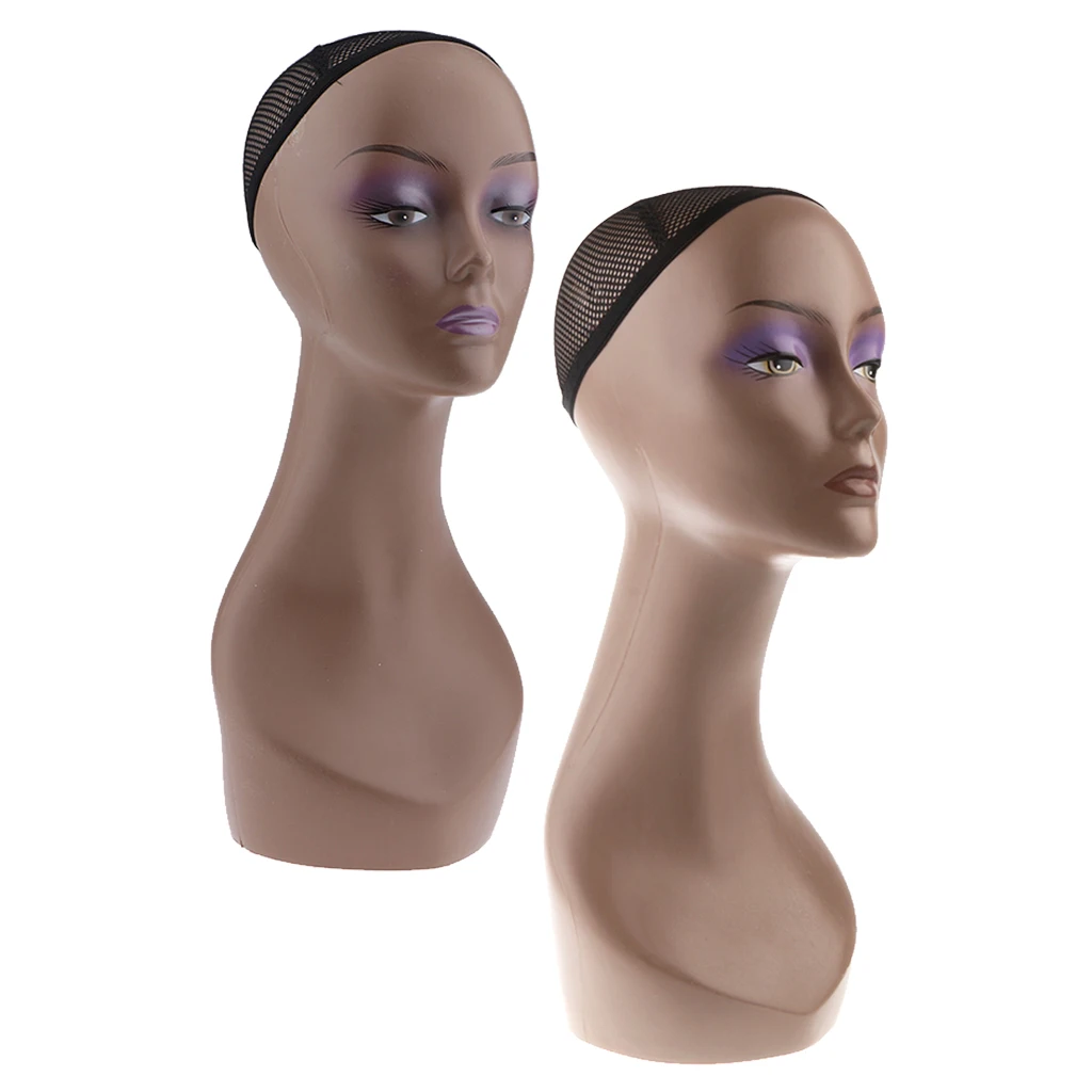 Perfeclan 2Pieces 20'' Women Makeup Mannequin Head Bust Jewelry Display Stand - Coffee and Normal Skin Colors