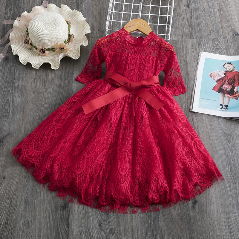 

Red Lace Flower Dress For Girls Wedding Ceremony Party Tulle Kids Dresses for Girls Princess Dress Winter Children Clothing 3-8T