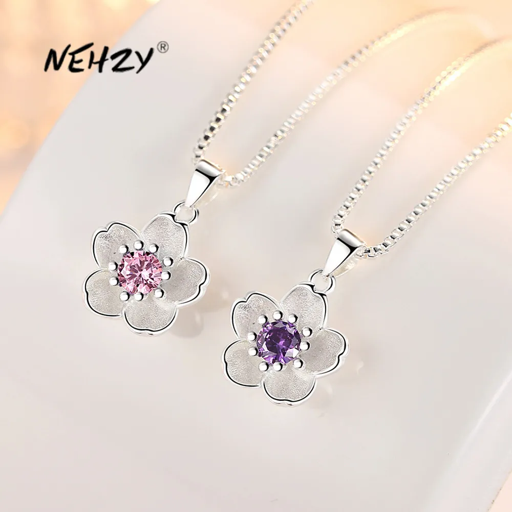 Flower Pendant Necklace Zircon Fashion Jewelry Crystal NEHZY 925-Sterling-Silver Purple