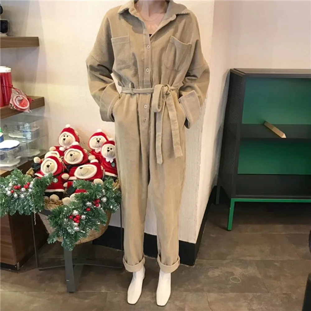 

Wewear Corduroy Jumpsuit Women 2020 New Spring Autumn Long Sleeve Solid High Waist Sashed Rompers Causal Playsuit Khaki/black