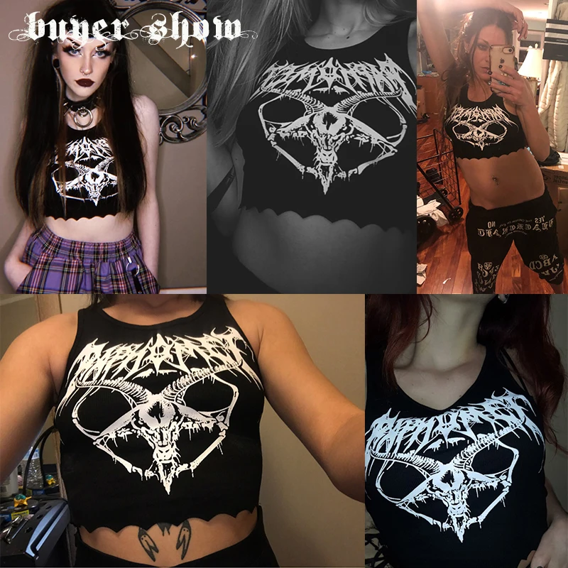 Goth Dark Gothic Knitted Punk Black Tank Tops Mall Goth Grunge Goat Print Harajuku Women Crop Tops Skinny Sleeveless Streetwear