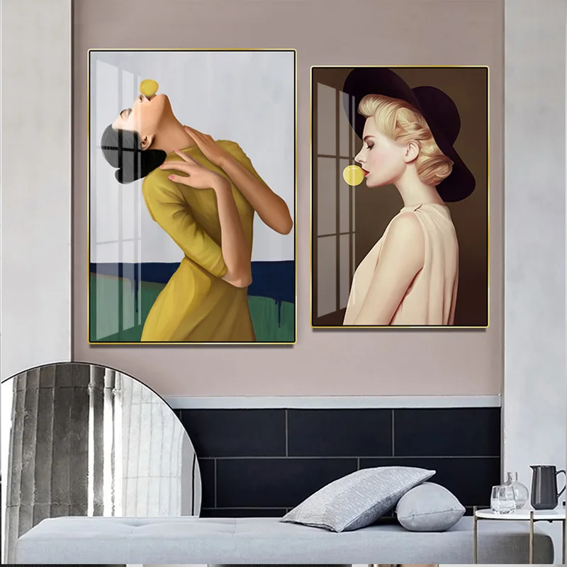 Fashion Yellow Bubble Gum Modern Woman Painting on Canvas Posters and Prints Scandinavian Wall Art Picture for Living Room Decor | Дом и сад