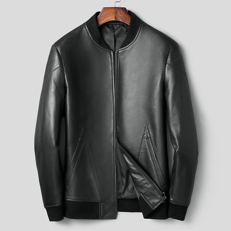 Новая авиационная куртка-бомбер из натуральной кожи для мужчин, куртка-пилот из натуральной кожи овчины, тонкая короткая куртка 4XL для полета, пальто Veste Cuir Homme - Цвет: black