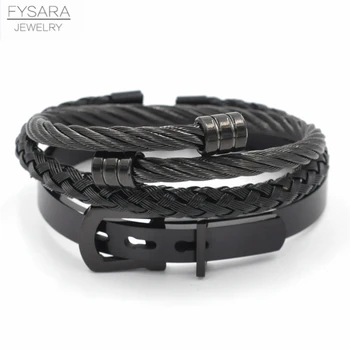 

FYSARA 3pcs/Set Men Stainless Steel Cable Wire Black Bracelets Set Belt Buckle Bangles Punk Street Boy Pulseira Jewelry