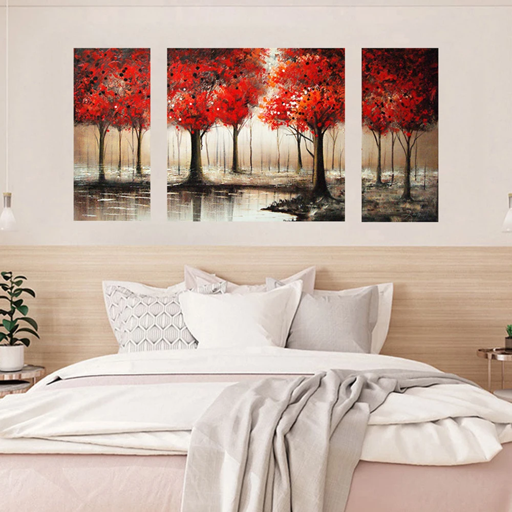 3D Ручная роспись искусство красный лес Тройная картина маслом настенные
