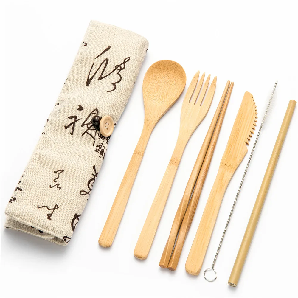 Eco-friendly Travel Reusable Portable Bamboo Cutlery Set Spoon Fork Chopstick Sets 6pcs/set Straw Kitchen Food Dinnerware Set - Цвет: 7pcs set009