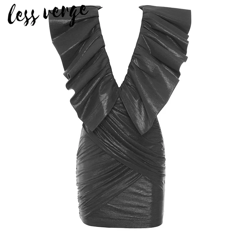 Lessverge/черные вечерние облегающие платья с рюшами для клуба, сексуальное платье с v-образным вырезом, короткое платье-футляр без рукавов, осенне-зимнее винтажное платье мини mujer