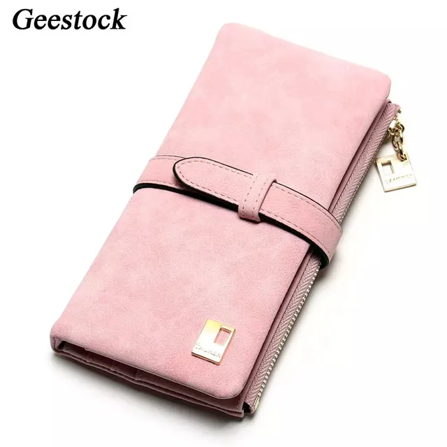 Geestock Women Wallet Coin Purse PU Matte Two Fold Wallets Zipper Mobile Phone Design Card Holder Ladies Clutches Wallet Pink