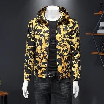 

Men's Korean Hoodie Jacket Luxury Gold Print Bomber Jacket Men 2020 Royal Men Casual Coats Windbreaker Clothes Streetwear Social