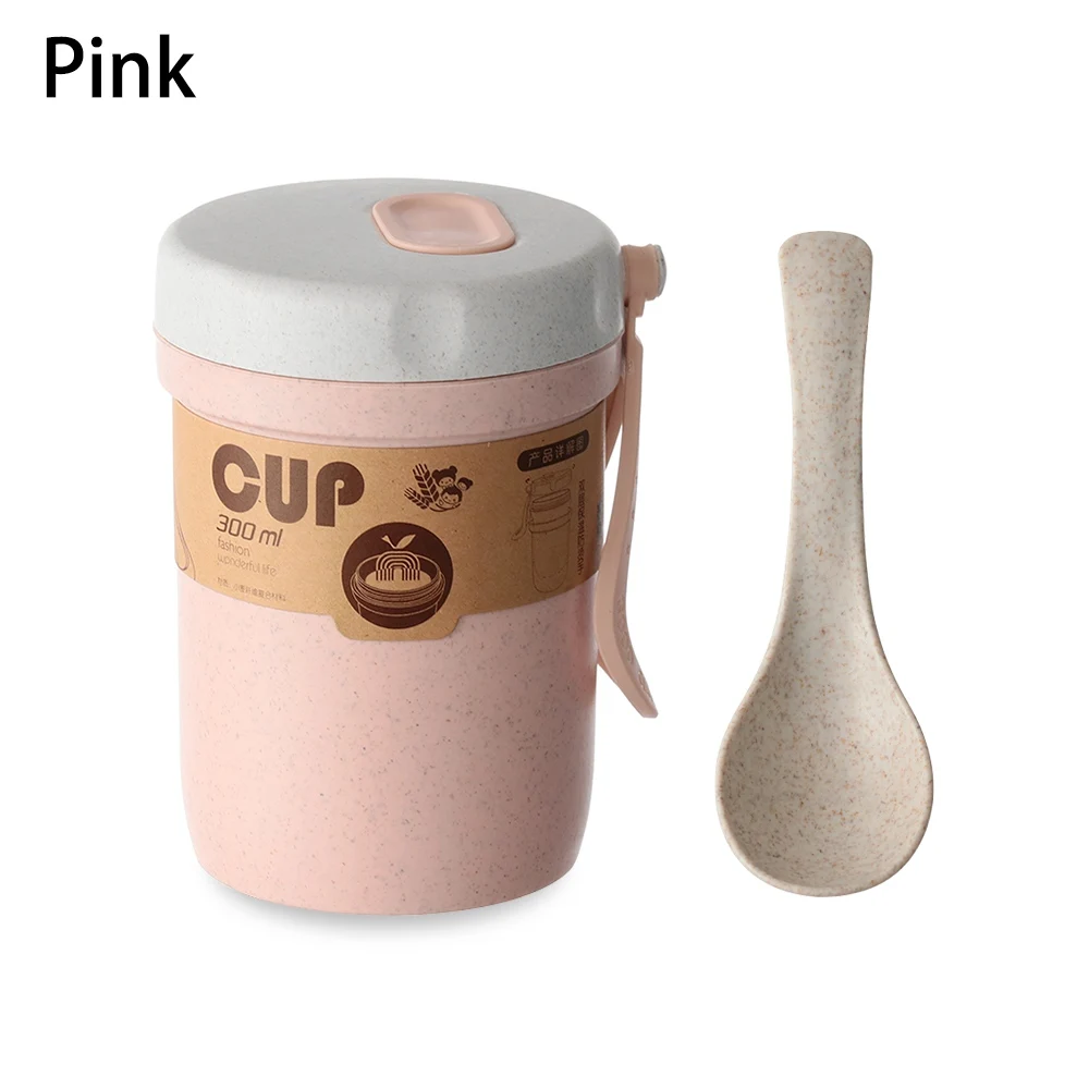 Pink 300 мл пшеничная соломенная чашка для завтрака, супа, каши с бесплатной ложкой, портативная Двойная стенка, изолированная герметичная чашка для воды, напитков, Ланч-бокс - Цвет: Pink