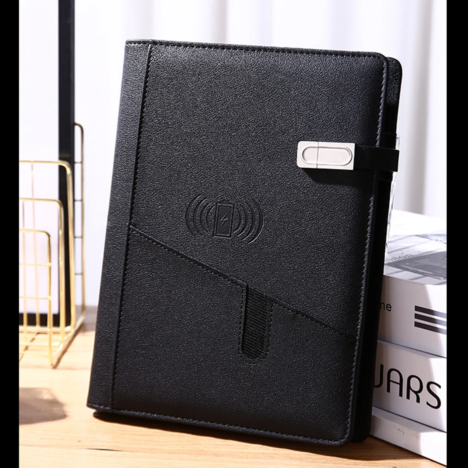 Multifuncional de Carregamento sem Fio Couro do Plutônio Case com Calculadora e 8000mah Pasta Carteira Padfolio Organizador Banco Potência a5 1 High Quality Material escolar e de escritório