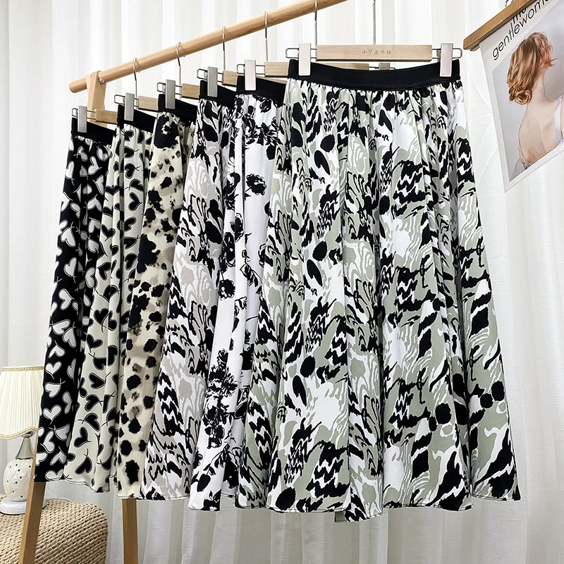 Cotton Summer Mid-calf Skirt Women Heart A Line Stylish Skirt Sweet Elastic Waist Loose Love Print Skirt Elegant Umbrella Skirts maxi skirts for women