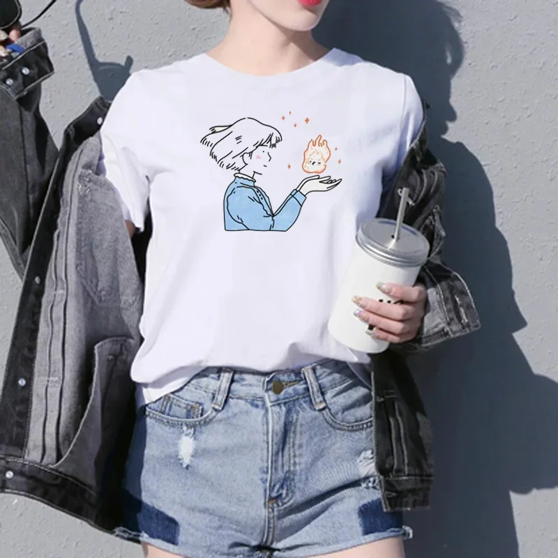 Sophie Kisses Calcife T-Shirt Women Tumblr Aesthetic Japanese Anime Kawaii Graphic Tee Howl's Moving Castle Shirt | Женская одежда